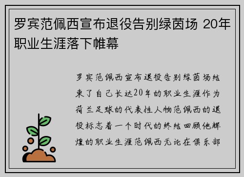 罗宾范佩西宣布退役告别绿茵场 20年职业生涯落下帷幕 罗宾范佩西宣布退役告别绿茵场 20年职业生涯落下帷幕
